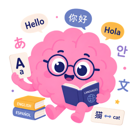 Bremo brain mascot reading a book surrounded by languages
