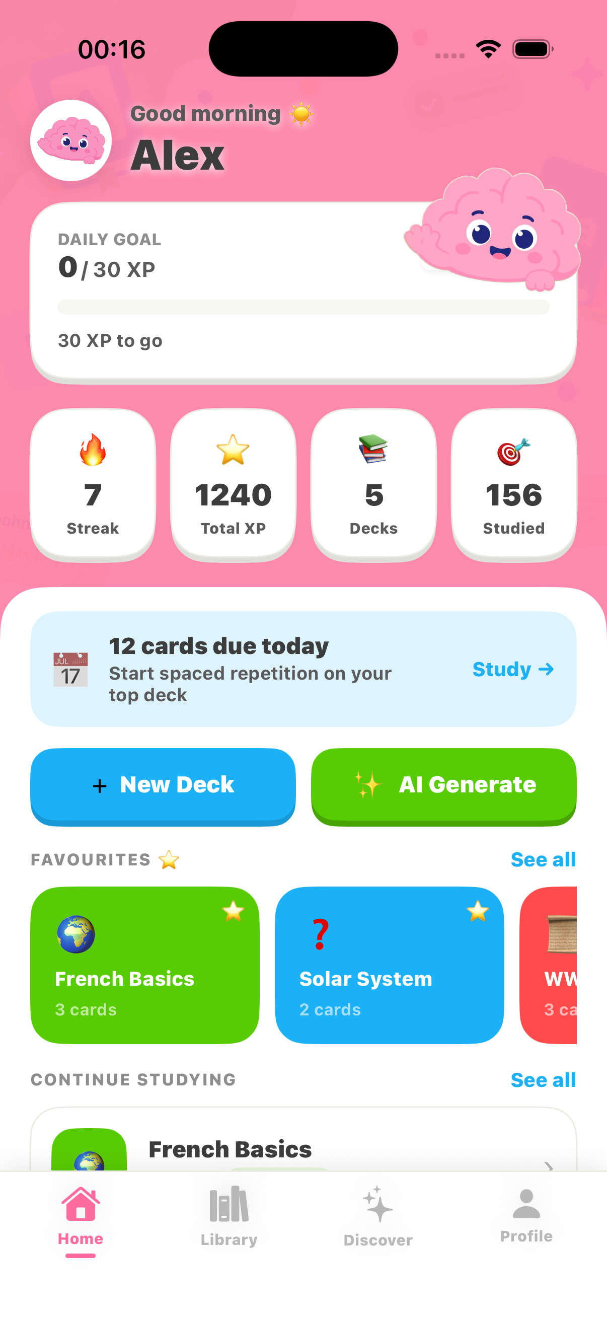 Bremo home screen showing daily goal, streak and decks